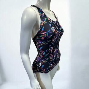 Speedo Black Tropical Leaf One Piece Swimsuit | Racerback Athletic Suit Size S